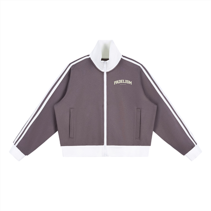 Plum track jacket with white stand collar, black zipper, and side stripe sleeves