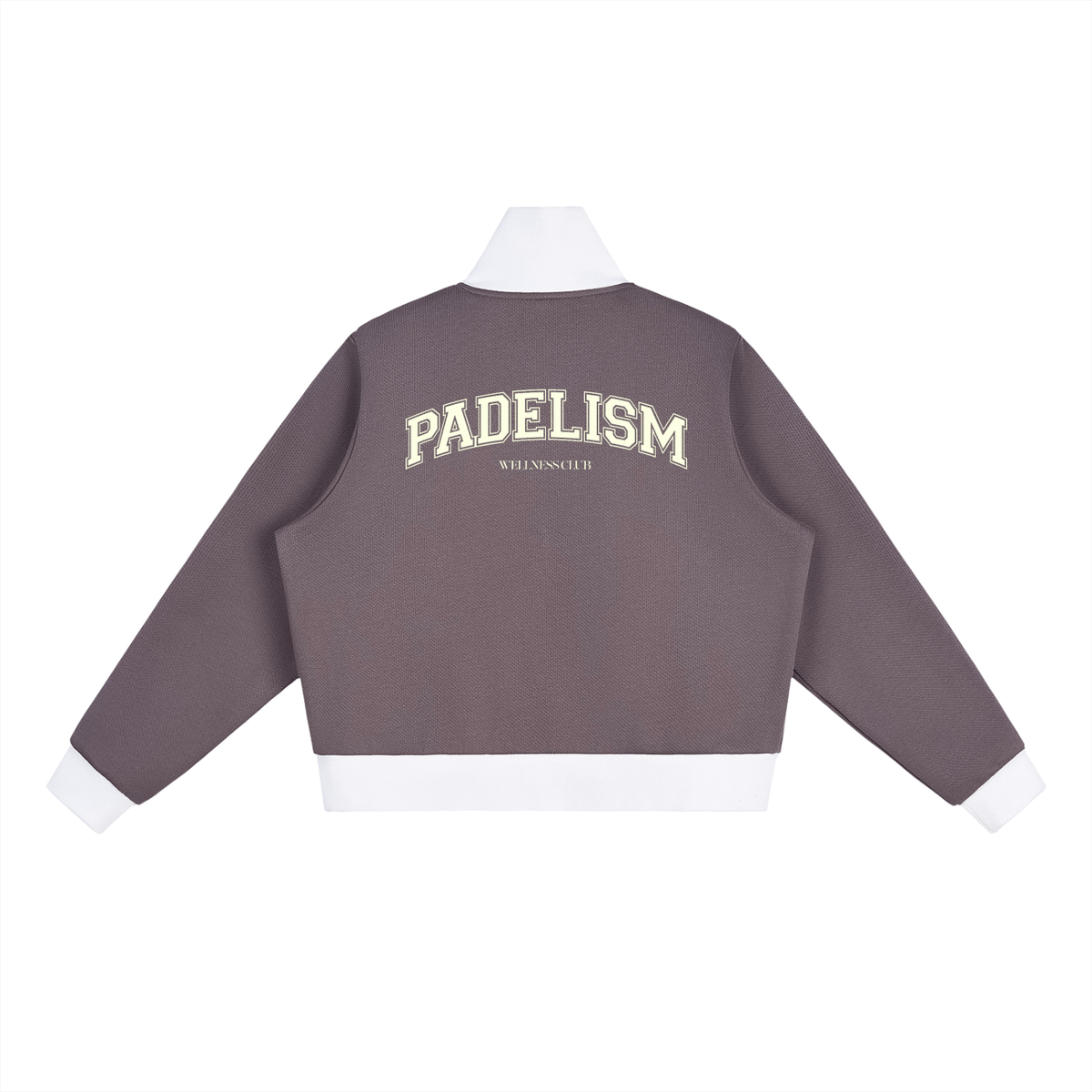 Plum track jacket (back view) with green Padelism logo and white stripe hem