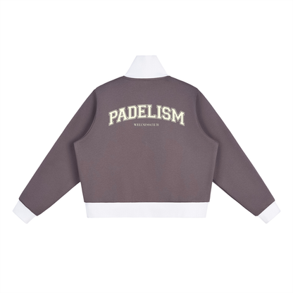 Plum track jacket (back view) with green Padelism logo and white stripe hem