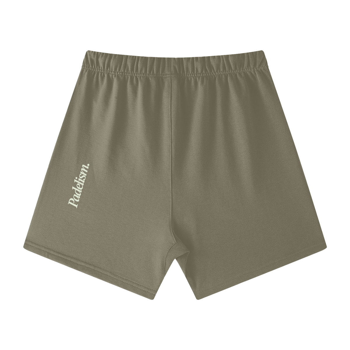 Olive green off-court shorts with elastic waistband and side logo