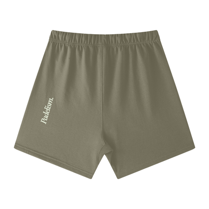 Olive green off-court shorts with elastic waistband and side logo