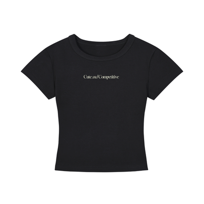 Black cropped crewneck T-shirt with small front chest text logo