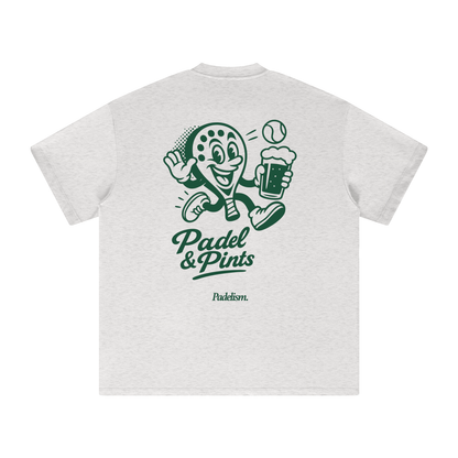 Light gray heavyweight T-shirt, back graphic of padel player holding beer