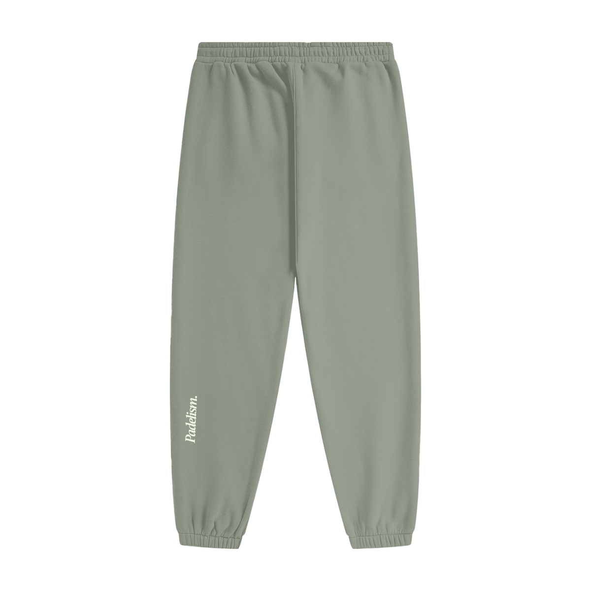 Grayish green heavyweight fleece joggers with elastic waist and drawstring; Padelism logo