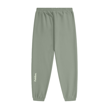 Grayish green heavyweight fleece joggers with elastic waist and drawstring; Padelism logo
