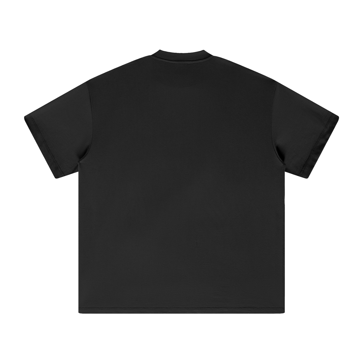 Black heavyweight T-shirt back view with crew neck, short sleeves