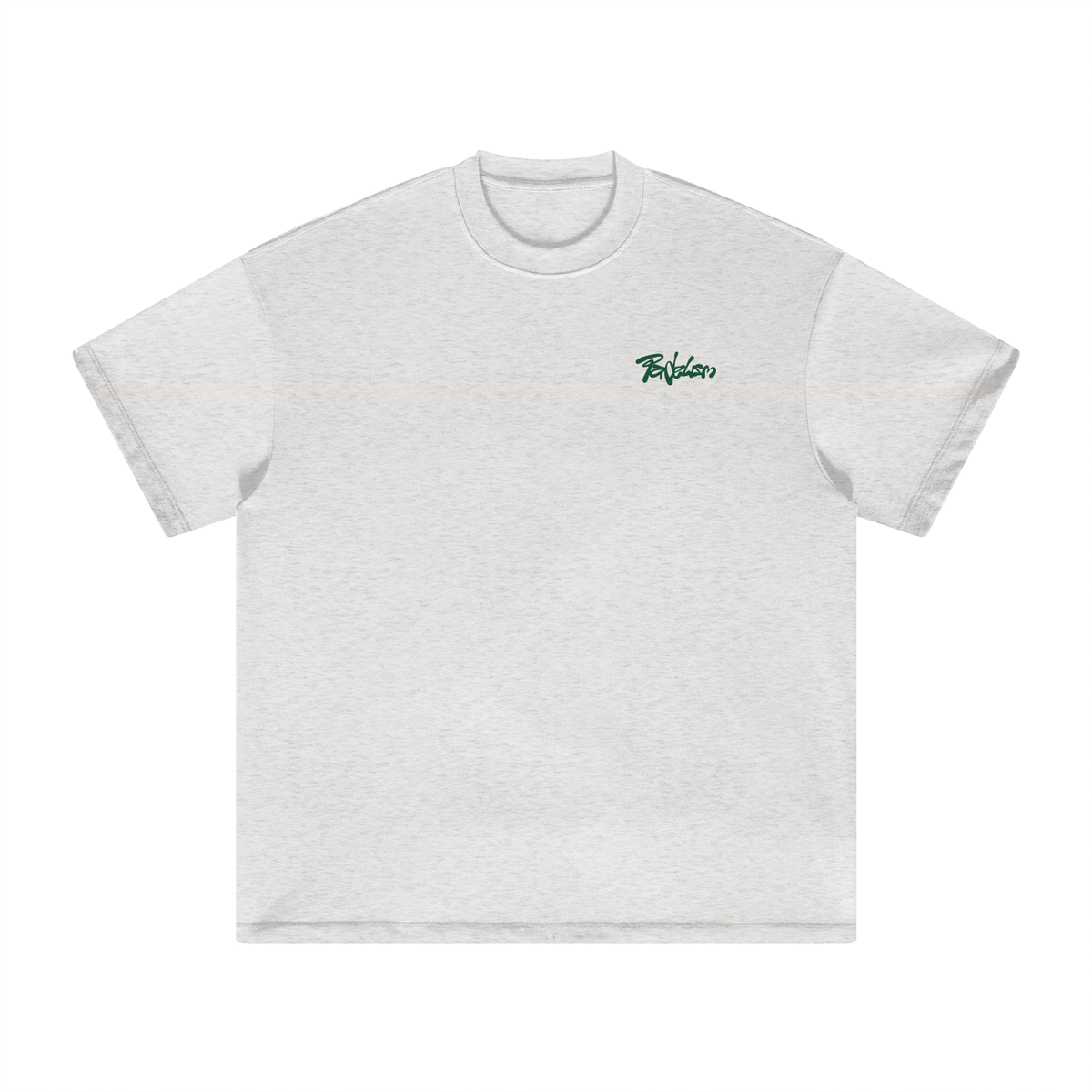 Heavyweight T-shirt, gray; small green chest logo, crew neck, short sleeves.