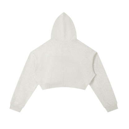 Light gray cropped zip hoodie, back view with hood and dropped hem