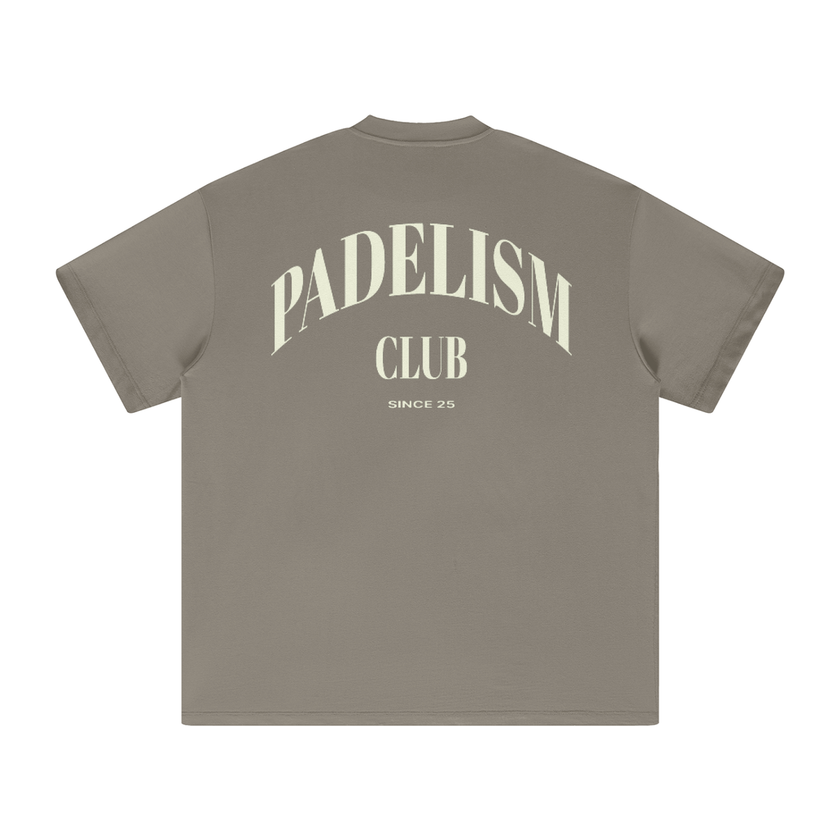 Gray camel heavyweight T-shirt with large back Padelism Club graphic, crew neck