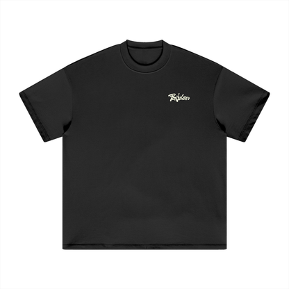 Heavyweight T-shirt, black; small green chest logo, crew neck, short sleeves.