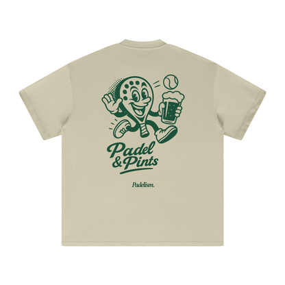 Sand heavyweight T-shirt, back graphic of padel player holding beer