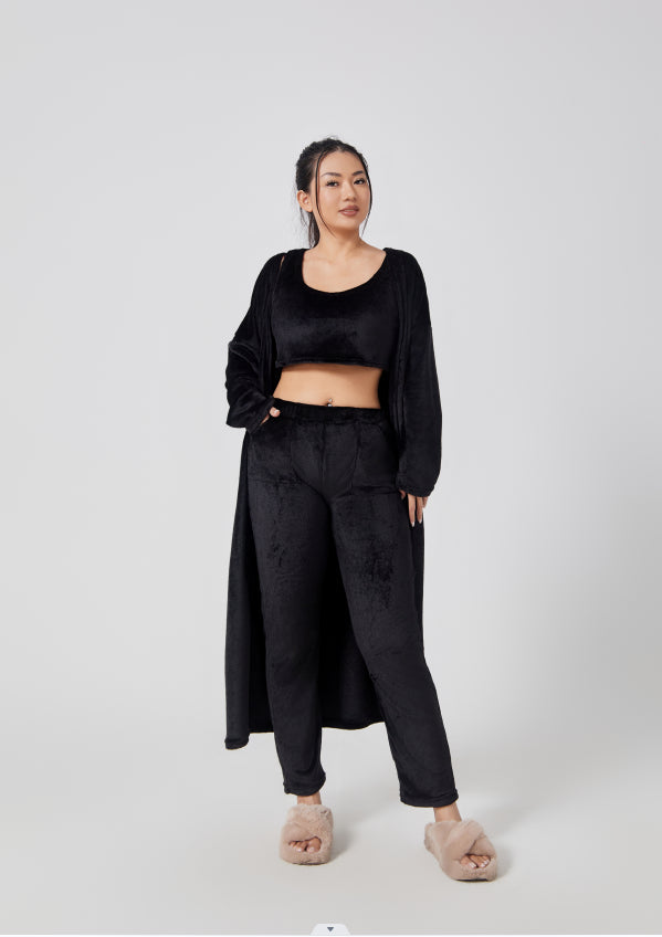 Black 3-piece pajama set with crop top, matching pants, and long cardigan robe