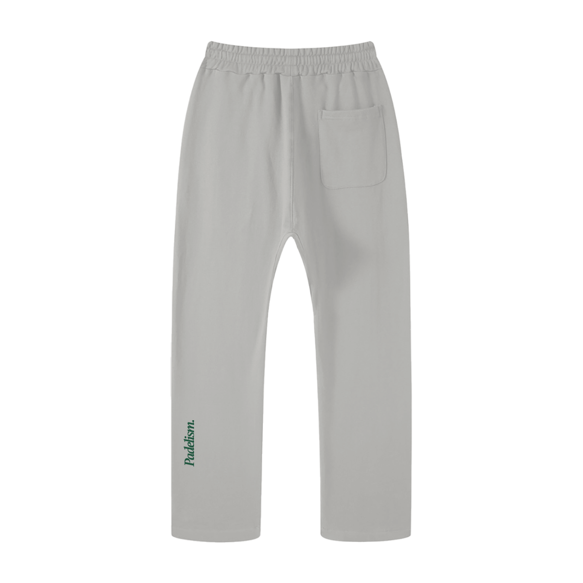 Light gray straight-leg pants with elastic waistband and front pocket; Padelism logo