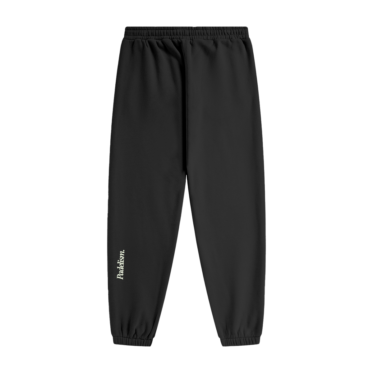Black heavyweight fleece joggers with elastic waist and drawstring; Padelism logo on leg