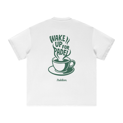 White heavyweight t-shirt, back graphic with cup and text "Wake up for Padel"