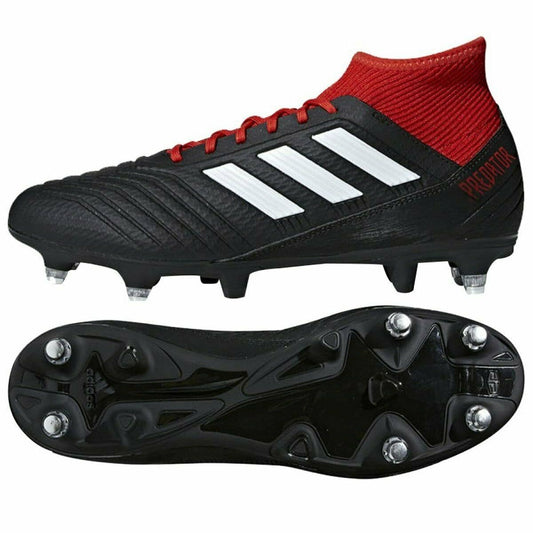 Adidas Predator football boots with red sock, black upper, white stripes, metal stud sole