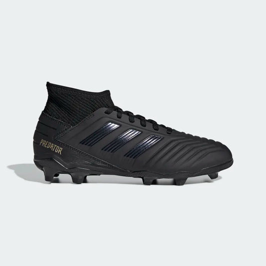 Kids black football boot with lace-up top, midfoot stripes, and molded FG studs.
