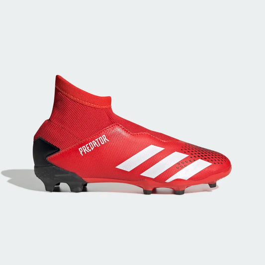 Kids football boots, red adidas Predator FG with white stripes and black heel