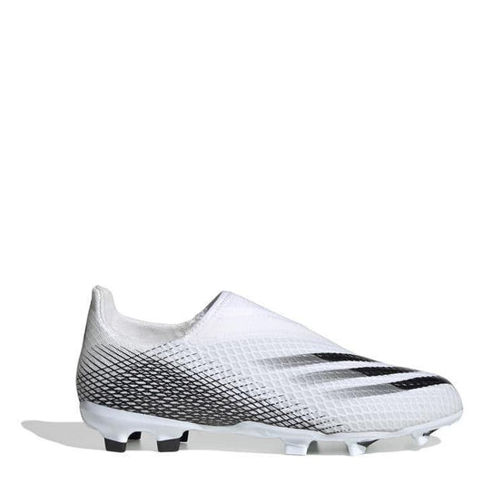 Kids laceless football boot in white with black stripe, FG studs