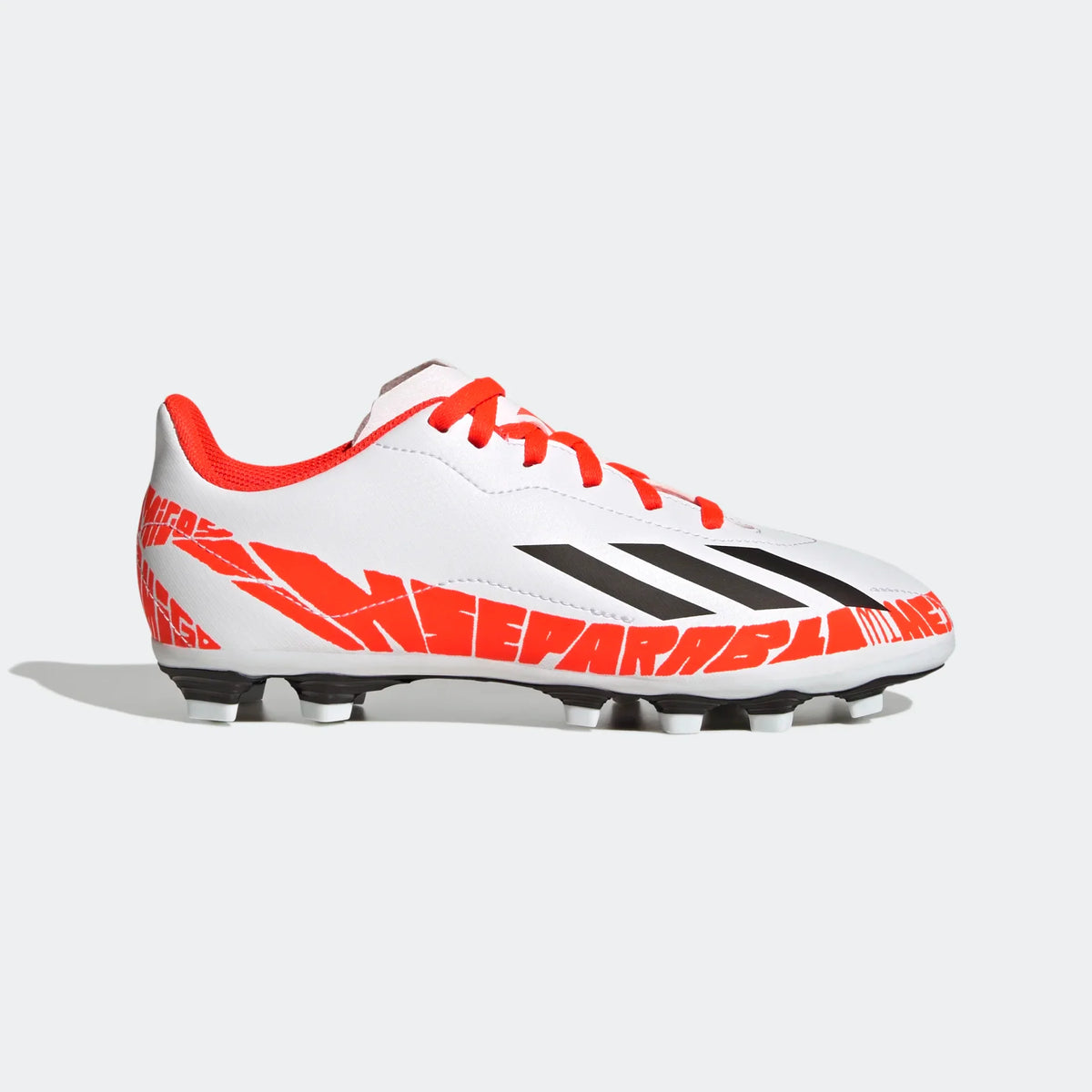 Kids' white football boots with red laces and black stripes, FG studs