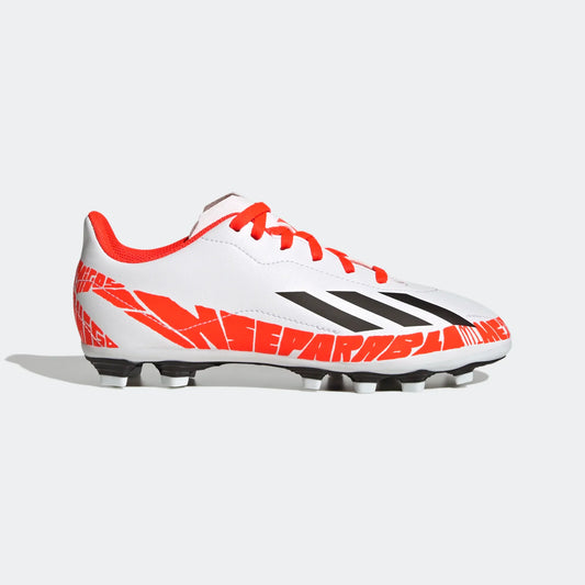 Kids' white football boots with red laces and black stripes, FG studs