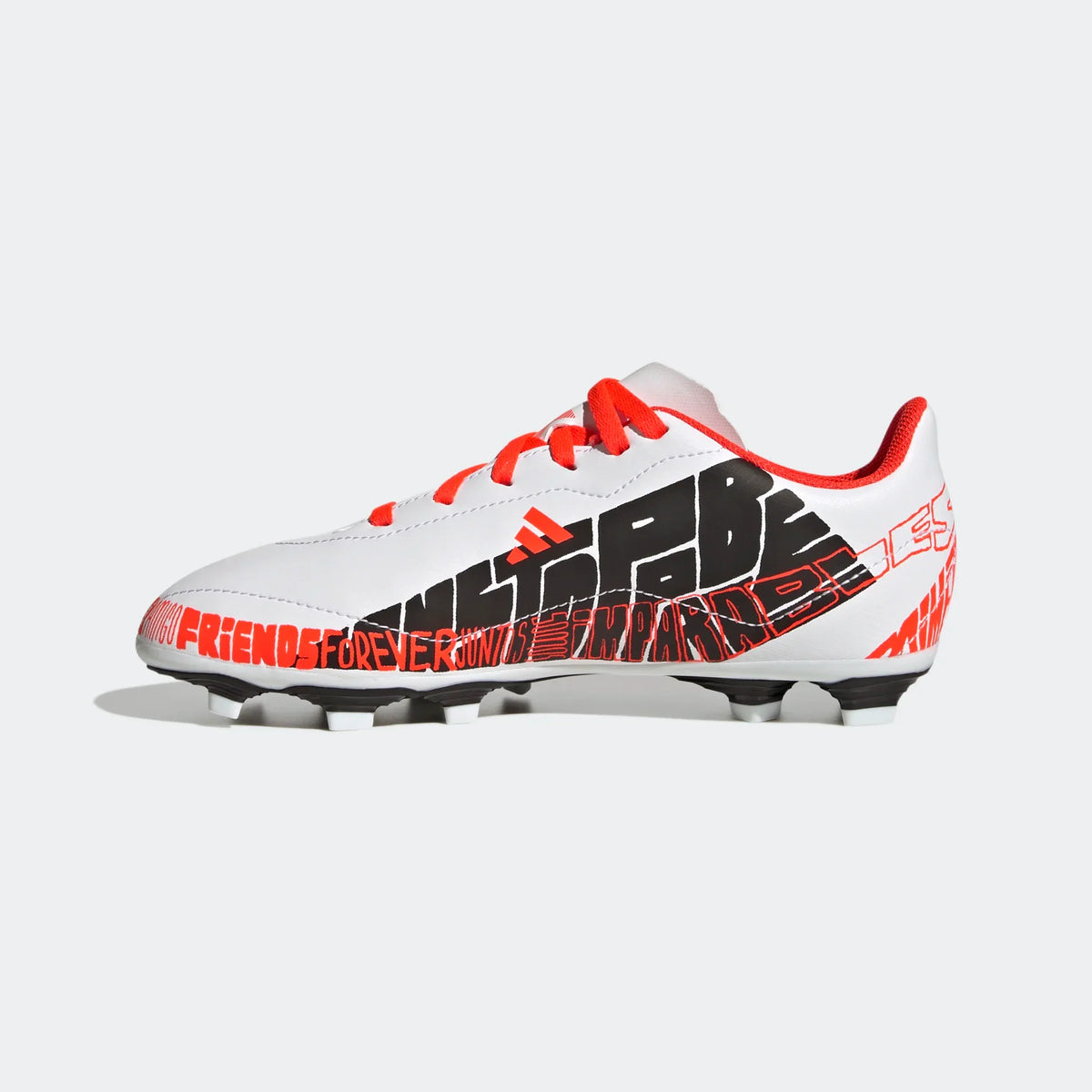 Kids' white low-cut football boots with red accents and black FG studs