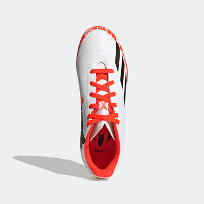 Kids' white football boot with red laces, padded collar, and black stripe