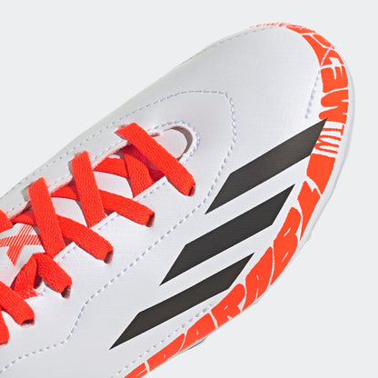 Kids' white football boot side view with red-orange laces and black panel