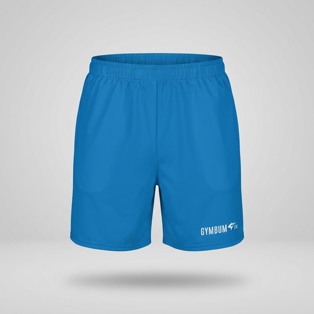 Blue athletic shorts with elastic waistband and small side logo