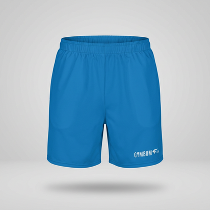 Blue athletic shorts with elastic waistband and small side logo