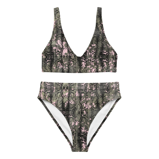 The Gymbum UK QuickDry Black Pink Snake Print high-waisted bikini