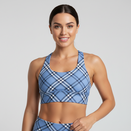 GymBum UK Highland Check Longline Sports Bra - Blue