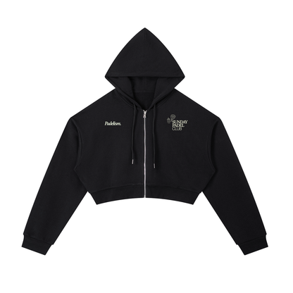 Black cropped zip-up hoodie with hood, drawstrings, and chest graphic prints