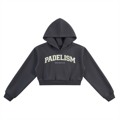 Dark charcoal cropped hoodie with hood, long sleeves, front logo print