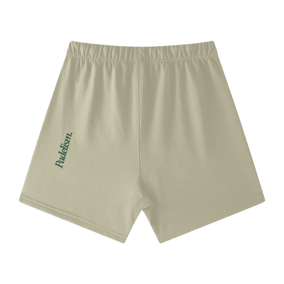Light sage off-court shorts with elastic waistband and left-leg logo print (back view)