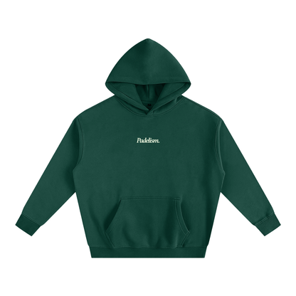 Green box hoodie with hood, front kangaroo pocket, and small chest logo.