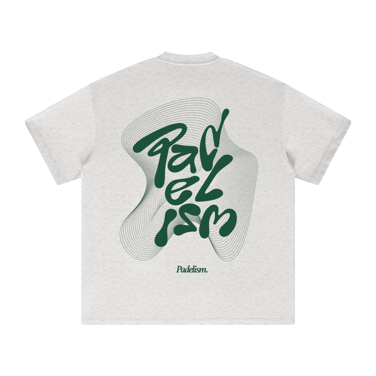 Heavyweight T-shirt, gray; large green back graphic print, crew neck, short sleeves.
