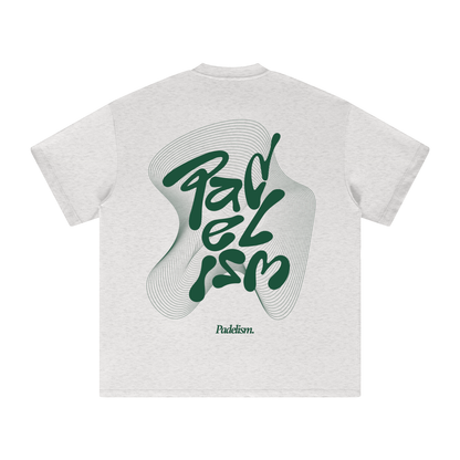 Heavyweight T-shirt, gray; large green back graphic print, crew neck, short sleeves.