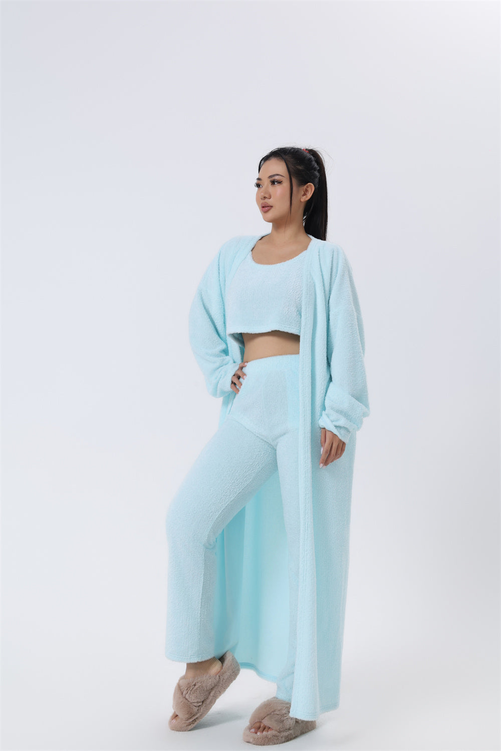 Light blue crop tank with matching pants and long cardigan robe lounge set