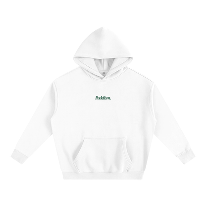 White box hoodie with hood, front kangaroo pocket, and small chest logo.