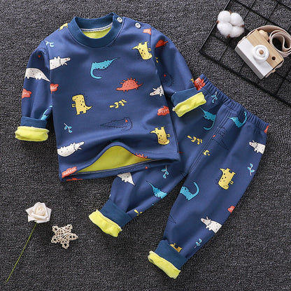 Children's thermal underwear set, blue dinosaur print top and matching pants