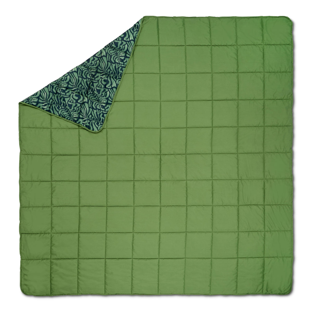 Camping blanket showing green quilted solid side with patterned backing folded inside