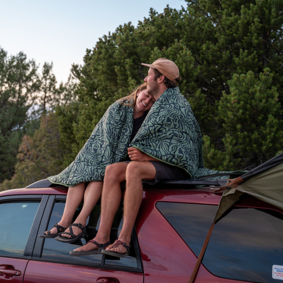 Dill/fern patterned camping blanket draped over two people on a car roof