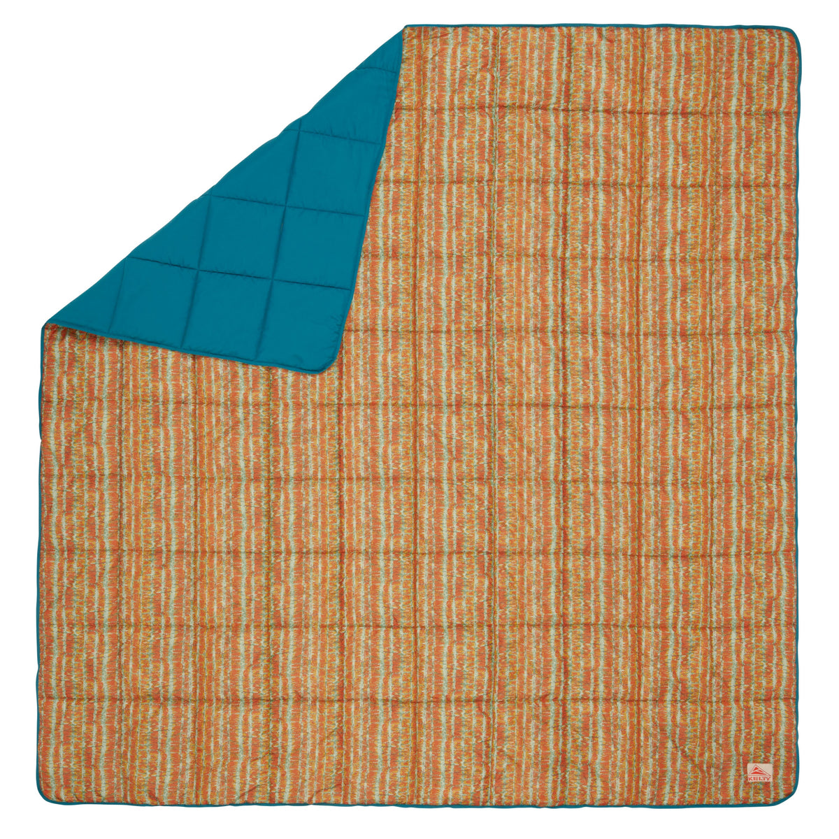 Biggie blanket corner view: teal border and orange melted stripe knit fabric