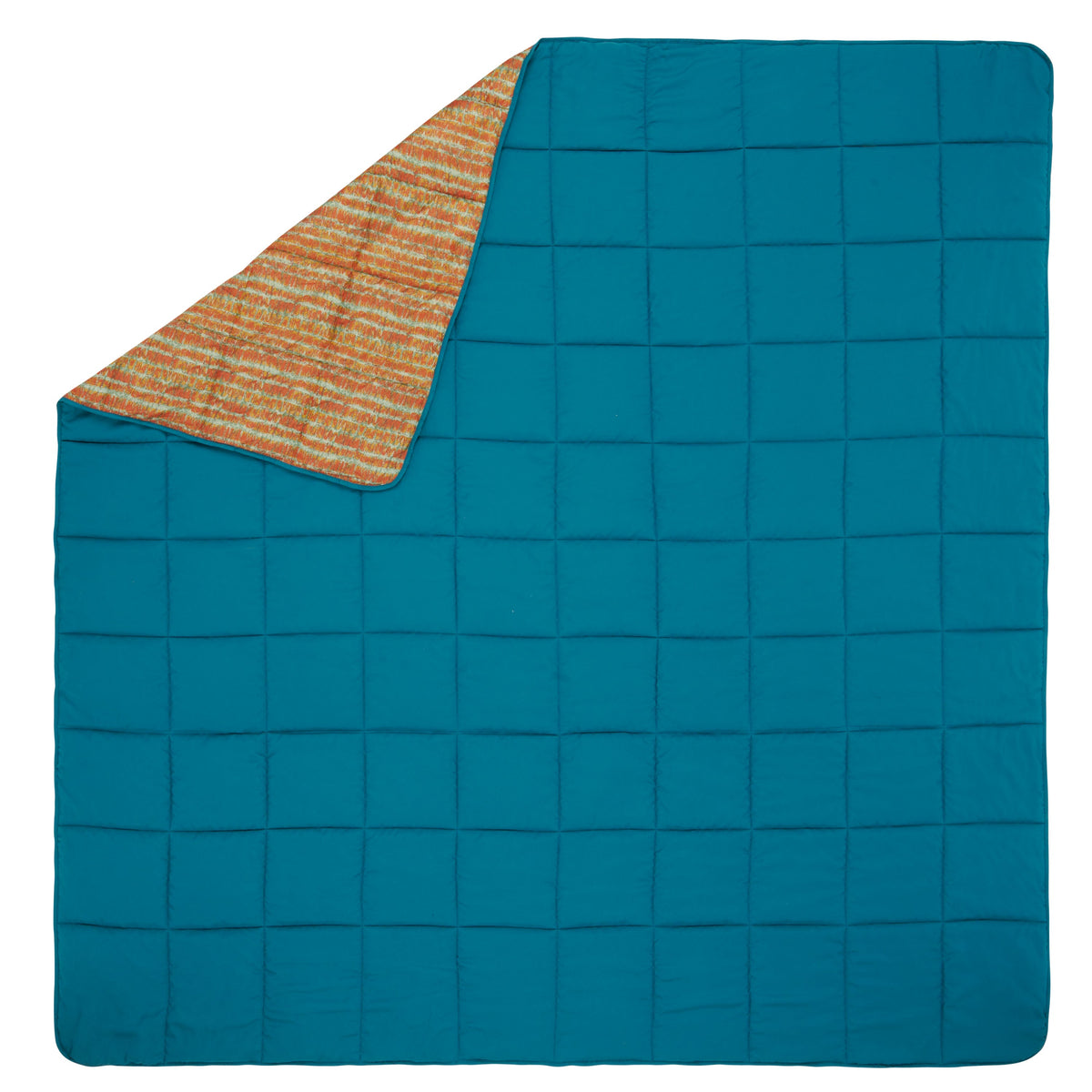 Biggie blanket laid flat: teal grid border with orange melted stripe patterned top