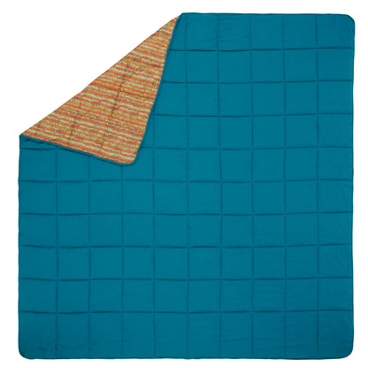 Biggie blanket laid flat: teal grid border with orange melted stripe patterned top