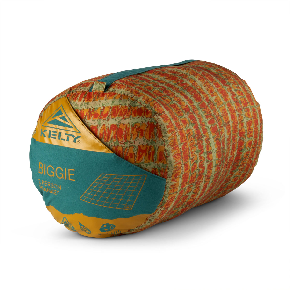 Rolled Biggie blanket with teal storage label and orange melted stripe cover
