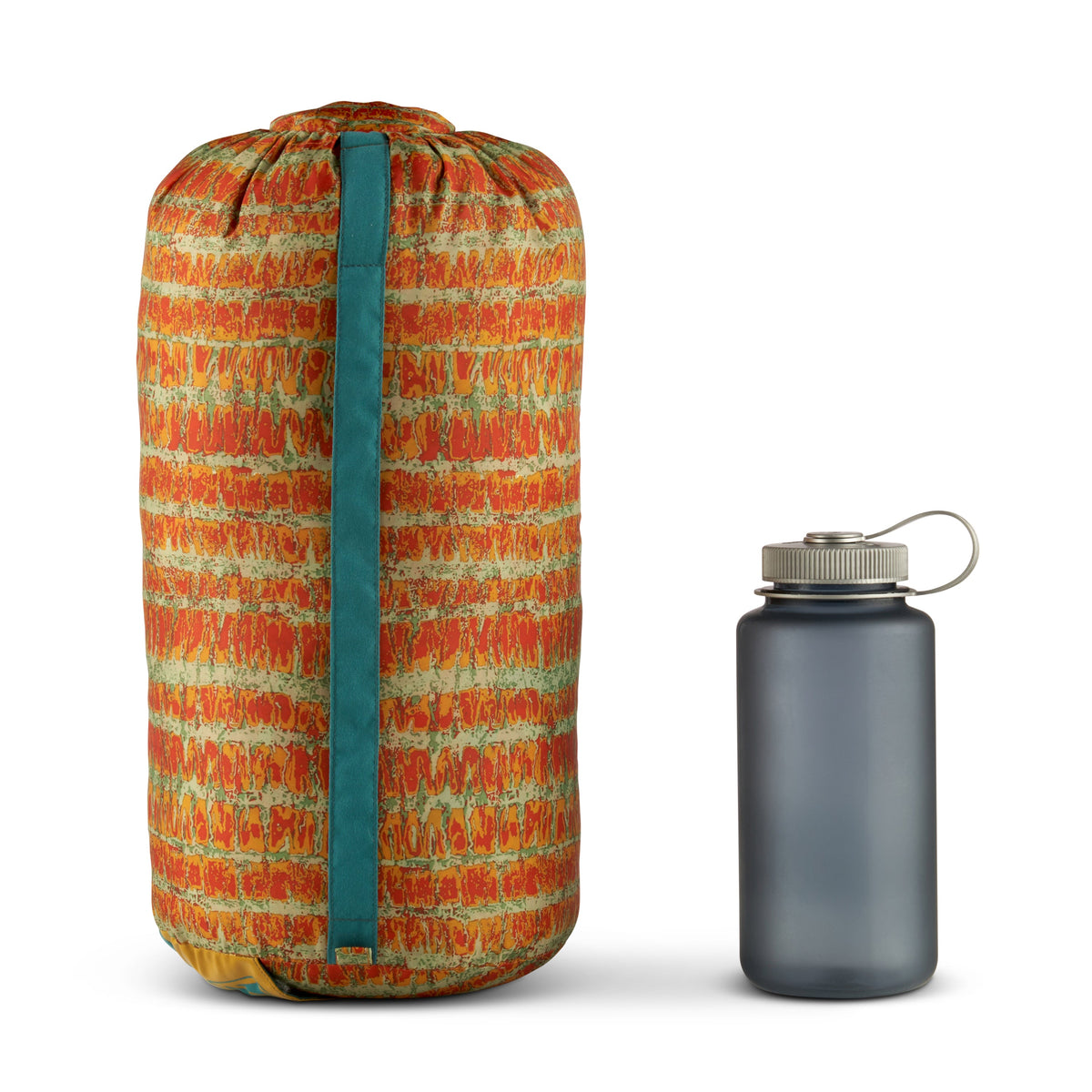 Rolled Biggie blanket with teal strap, orange melted stripe pattern, compact size
