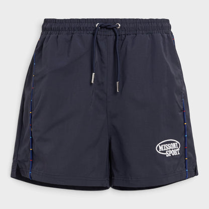 Navy logo shorts with elastic waistband, drawstring, and embroidered logo patch