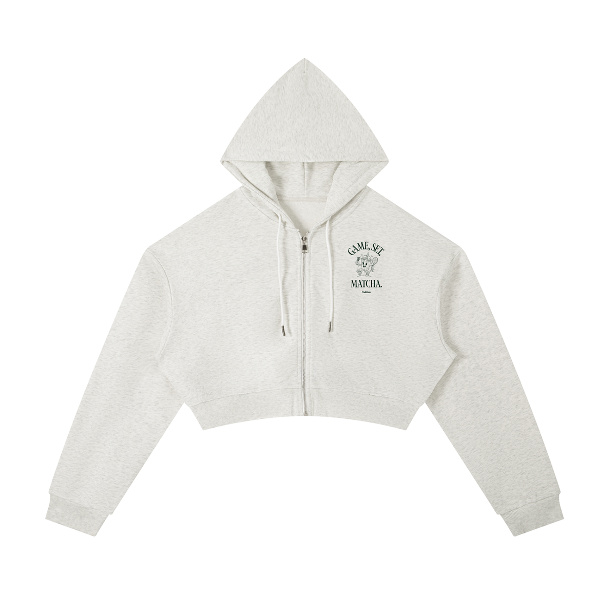 Light gray cropped zip hoodie with hood and drawstring; small chest logo on left
